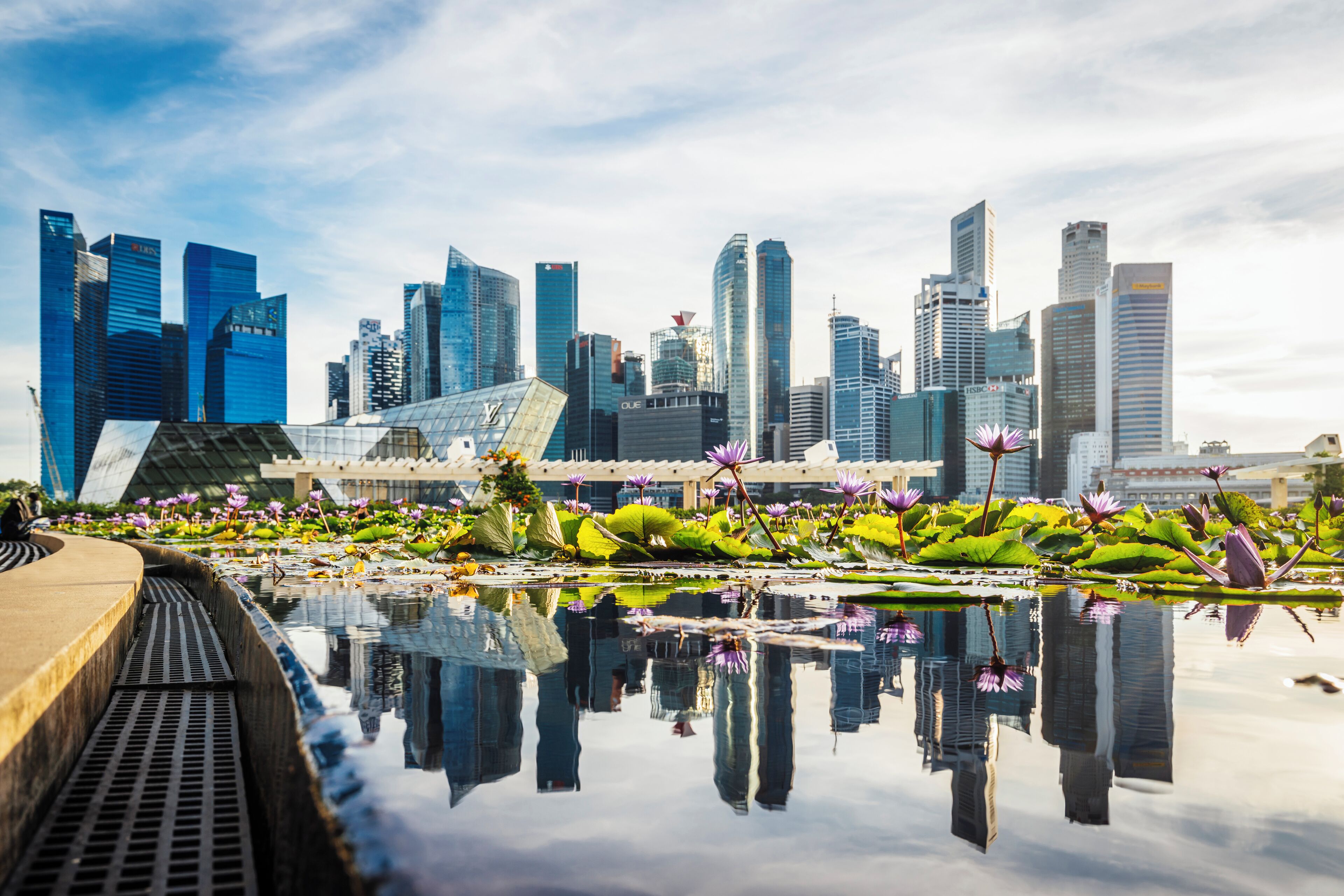 Singapore skyline with ArtScience Museum lagoon